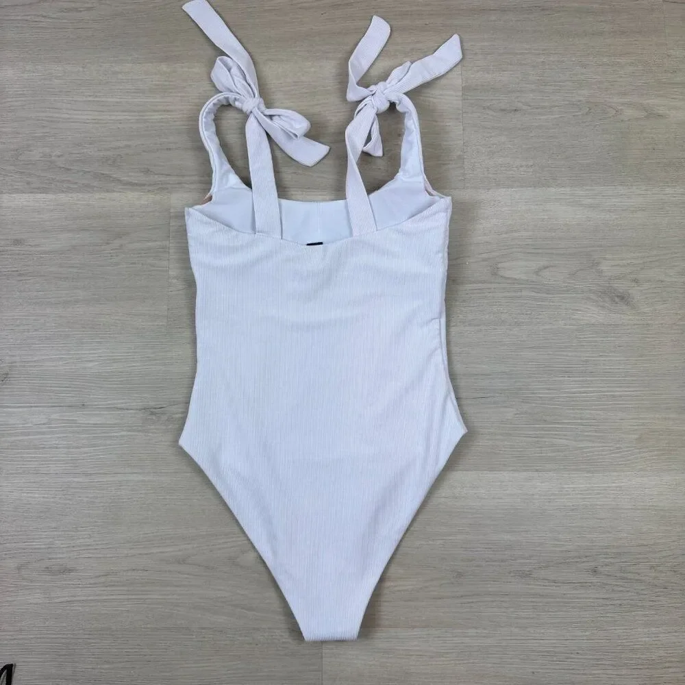 Beach Riot Ribbed One Piece Swimsuit Size Medium White Tie Shoulder‎ Straps NEW